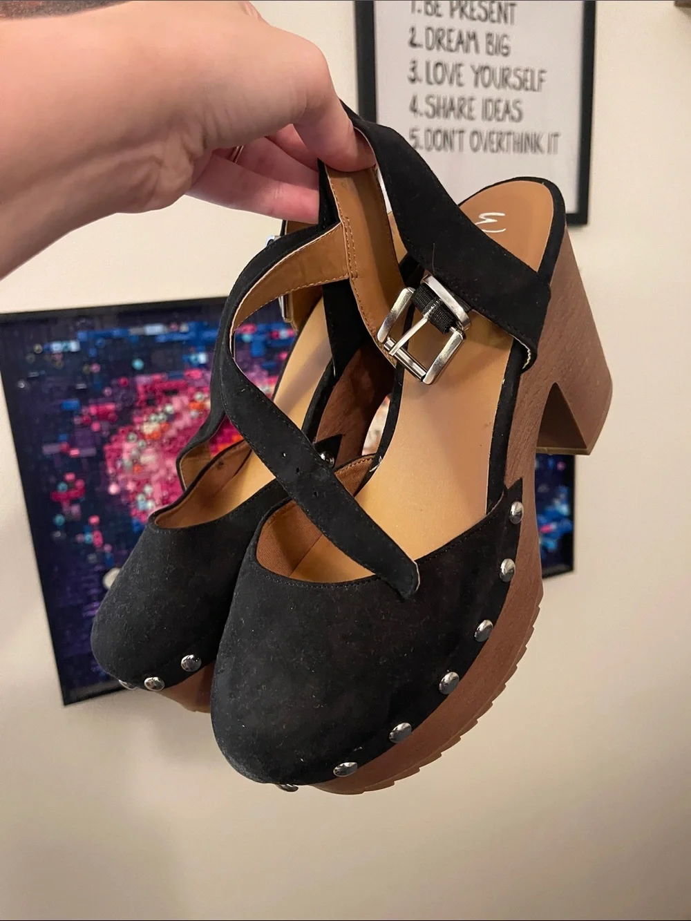Wonderly Black Suede Platform Clog Heels with Wood-Tone Block Heel